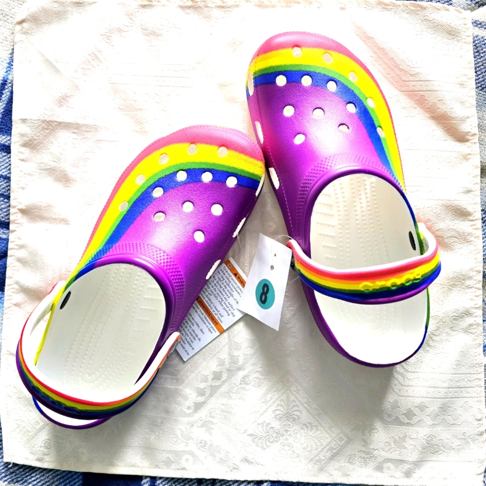 NEW! CROCS Clogs In Classic Rainbow Dye Design Size 9 Men; Size 11 Women